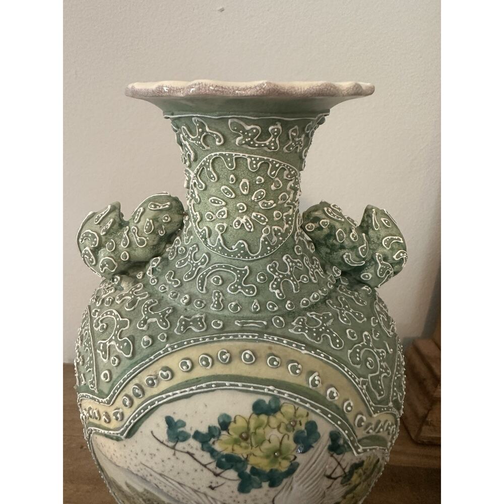 Antique Japanese Heavy Moriage Vase With Hand Painted Crane. 10”T - Picture 8 of 9